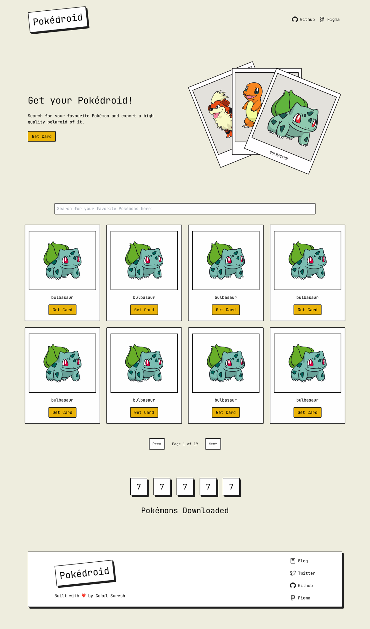 Desktop — search the full National Dex and export a polaroid of any Pokémon