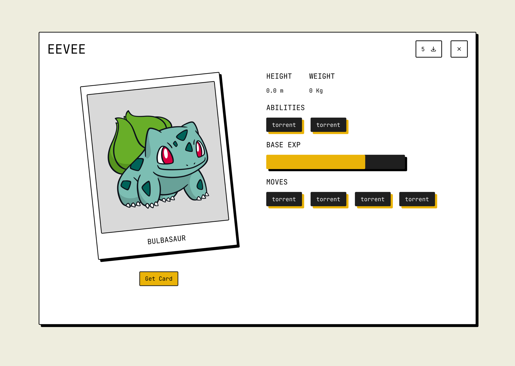 Detail view — stats, abilities, and moves alongside the exportable card