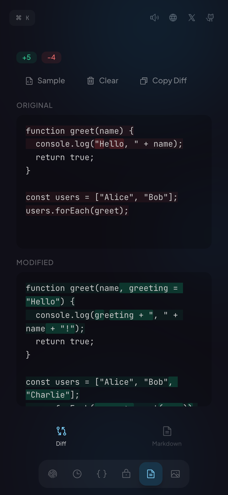 Mobile — inline diff, original against modified
