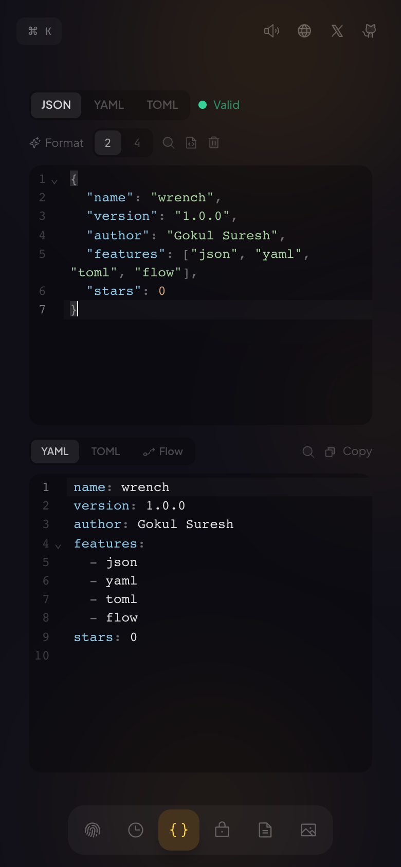 Mobile — JSON in, YAML out, stacked input and output