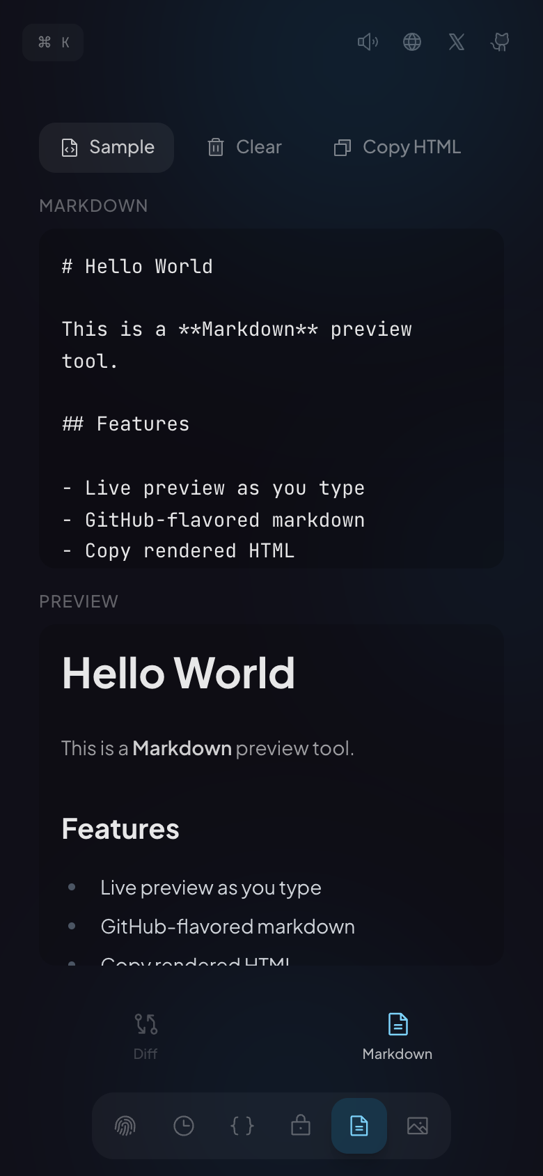 Mobile — markdown editor with live preview