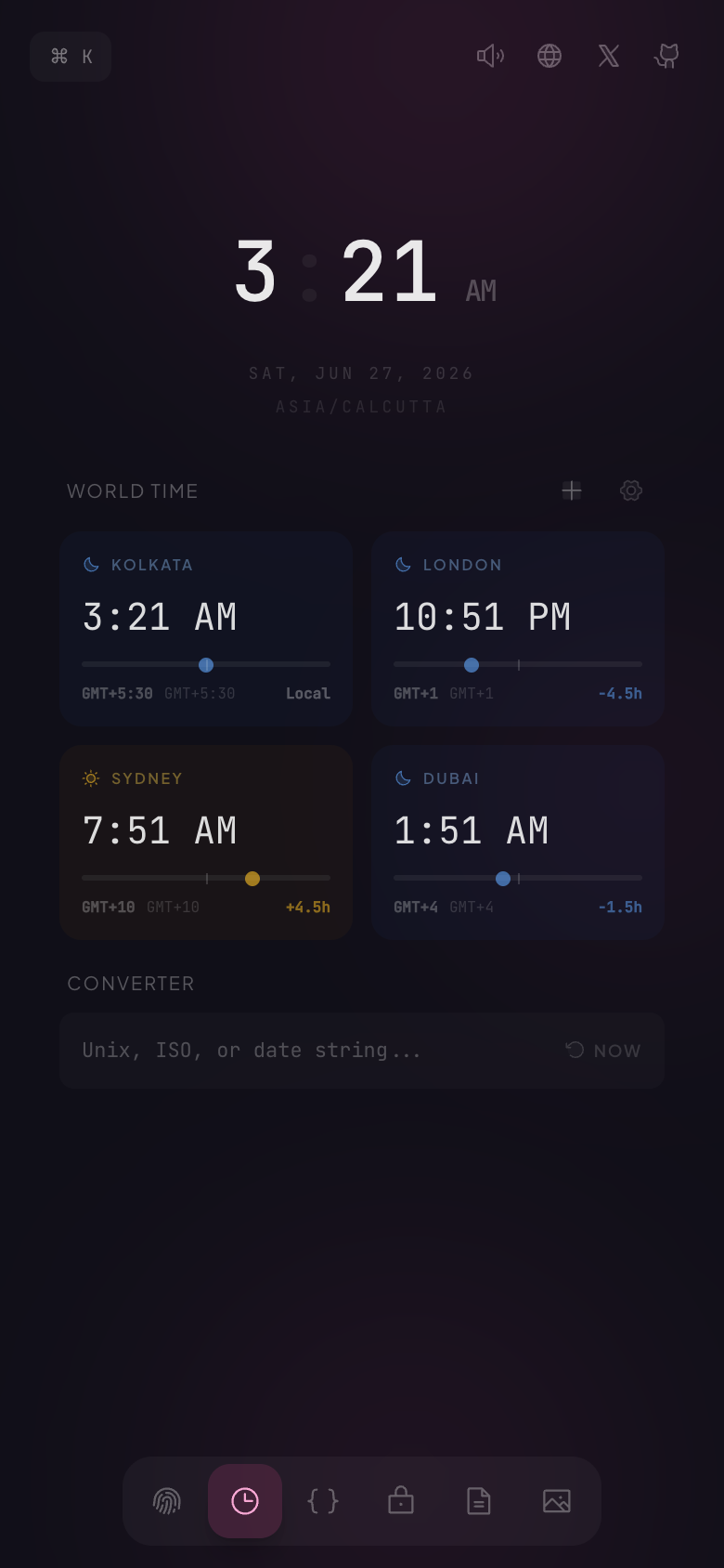 Mobile — world clocks in a responsive grid