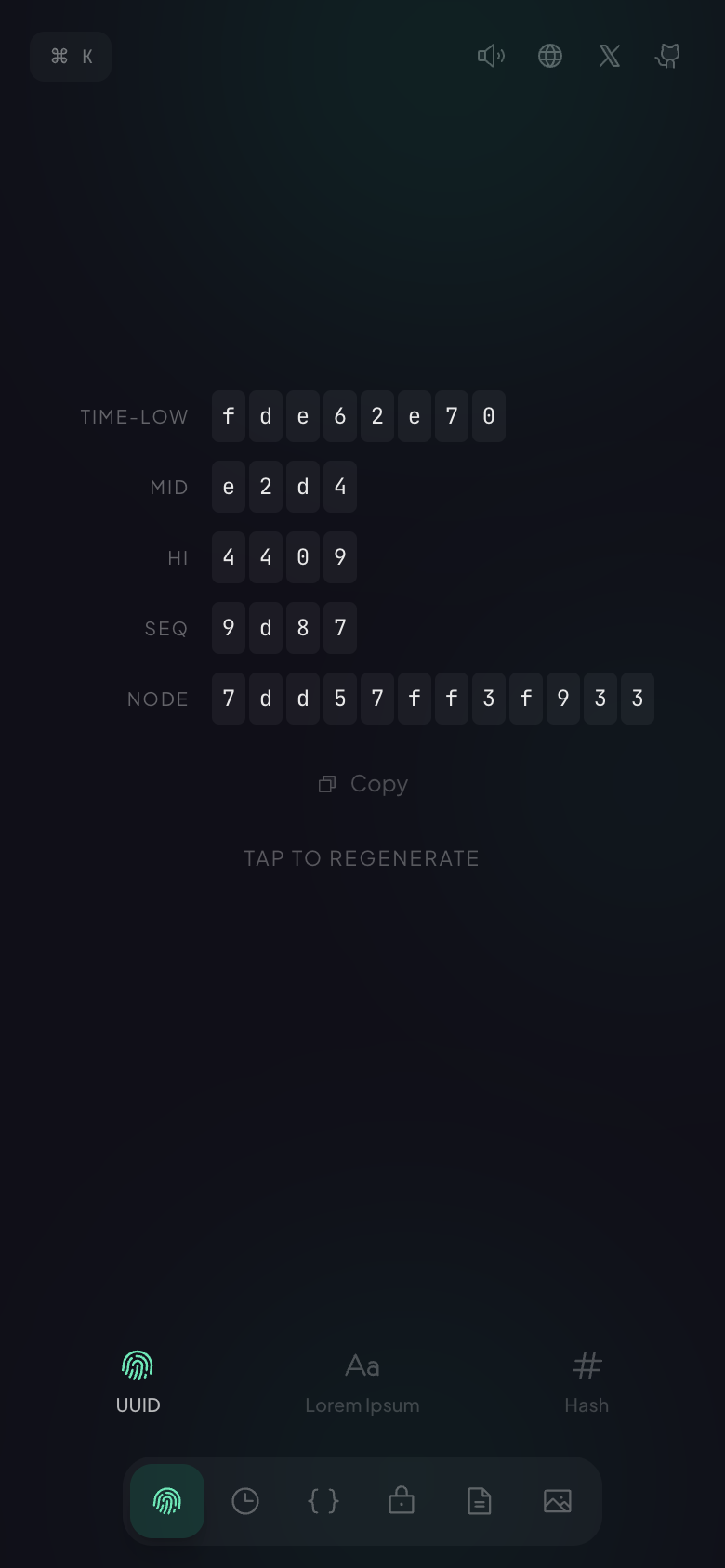 Mobile — UUID generator, stacked for one-handed use